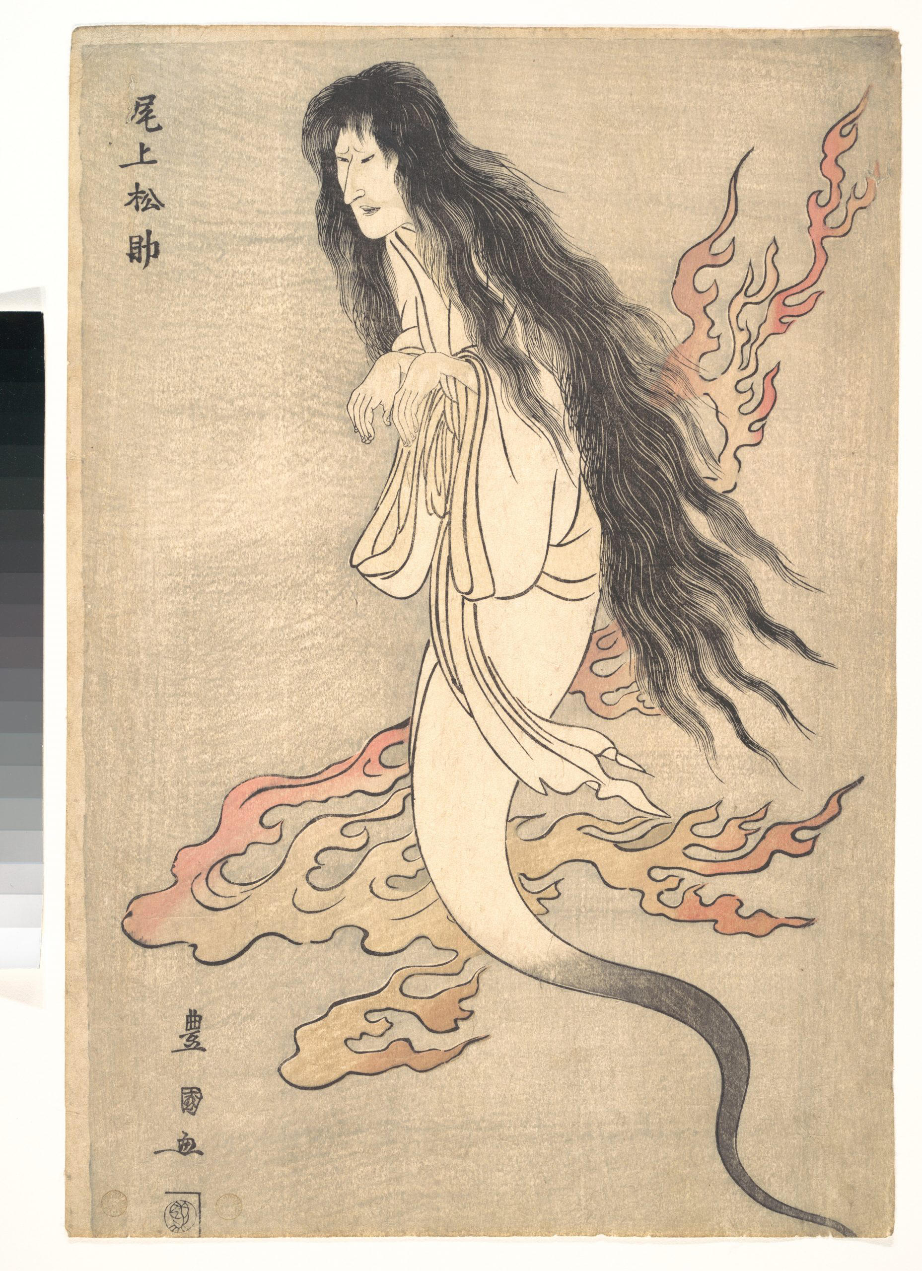 Estampe japonaise représentant une figure spectrale féminine aux longs cheveux noirs