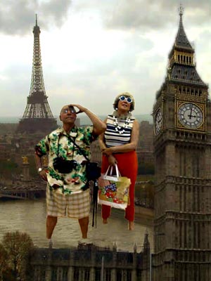Collage. Deux touristes avec les deux pieds dans la Seine qui regardent le Big Ben
