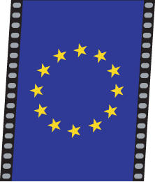 Pellicule filmique placée à la verticale sur laquelle on voit le drapeau de l'Union européenne