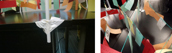 Cordes auxquelles sont attachés des petits papiers colorés