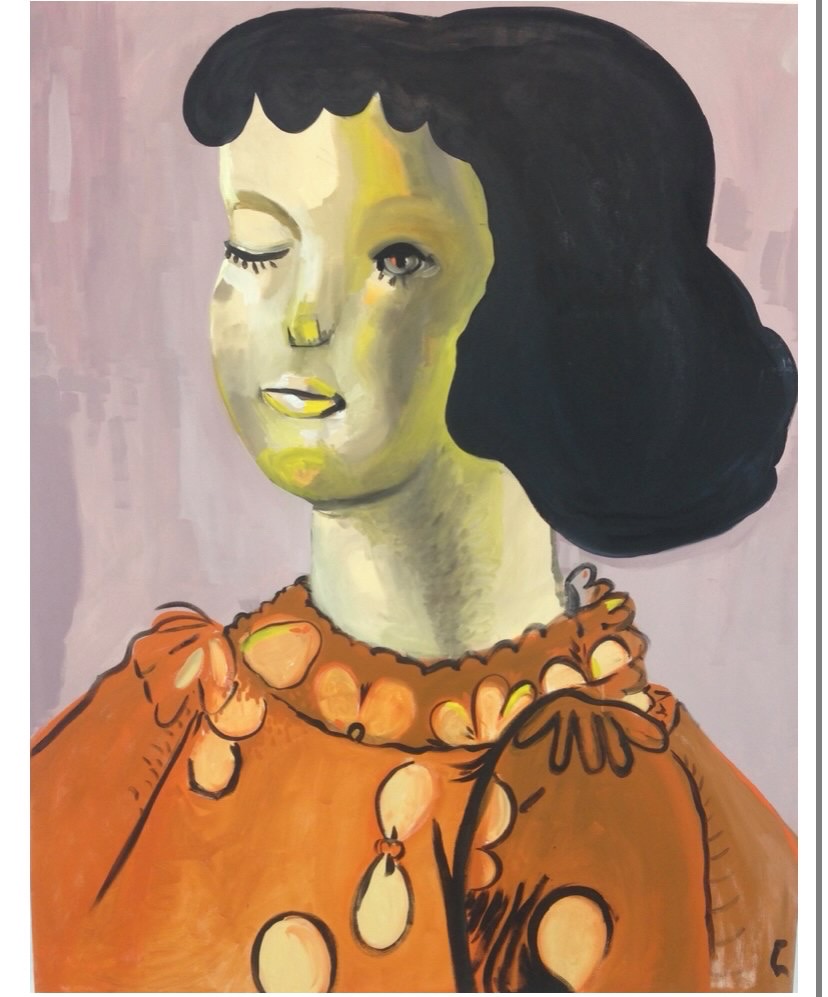 Peinture d'une fille aux cheveux noirs et vêtement orange; elle a un oeil fermé et l'autre ouvert